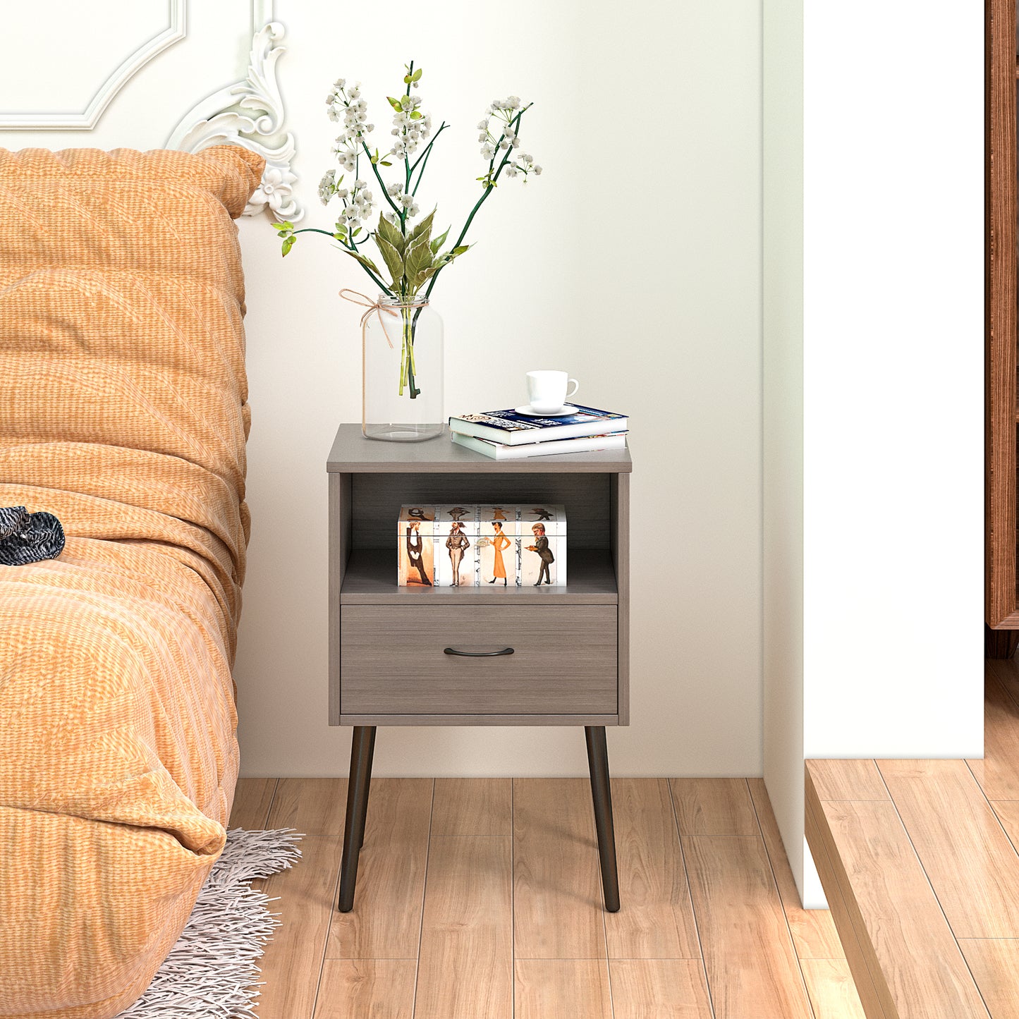 Two sets of Nightstand,modern style bedside table, With storage drawers and open wooden shelves, Suitable for living rooms, Bedrooms and small spaces. Decorative bedside tables in two sets, Easy to as image 3