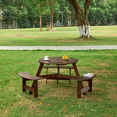 Outdoor 8 Person Picnic Table, 8 person Round Picnic Table with 4 Built-in Benches, Umbrella Hole, Outside Table and Bench Set for Garden, Backyard, Porch, Patio,  Natural