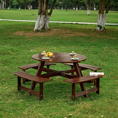 Outdoor 6 Person Picnic Table, 6 person Round Picnic Table with 3 Built-in Benches, Umbrella Hole, Outside Table and Bench Set for Garden, Backyard, Porch, Patio, Brown