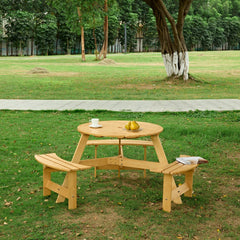 Outdoor 8 Person Picnic Table, 8 person Round Picnic Table with 4 Built-in Benches, Umbrella Hole, Outside Table and Bench Set for Garden, Backyard, Porch, Patio,  Natural
