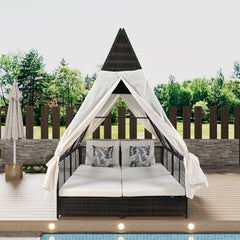 Outdoor Daybed Patio Lounge Bed with Adjustable Backrest Outdoor Double Sun Lounger with Curtains, 4 Pillows for Garden Patio Poolside Balcony Beach, Beige
