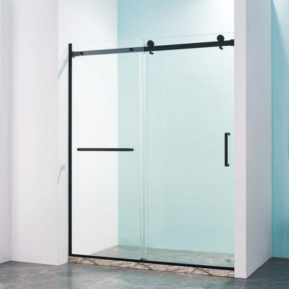 56-60"W x 75"H Semi-Frame Single Sliding Shower Door, 304 Stainless Steel in Matte Black, 5/16" (8mm) Thick SGCC Tempered Clear Glass. image 1