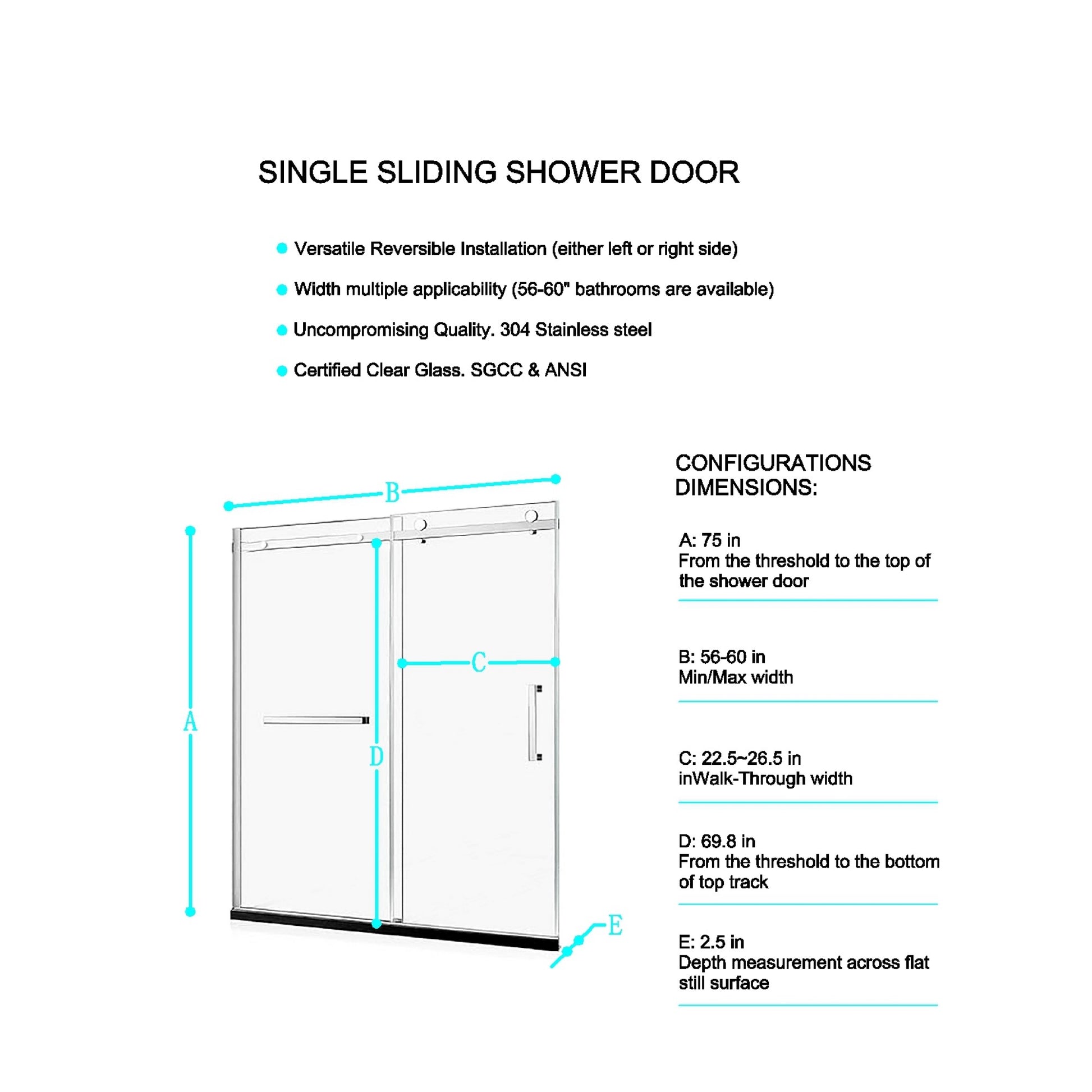 56-60"W x 75"H Semi-Frame Single Sliding Shower Door, 304 Stainless Steel in Matte Black, 5/16" (8mm) Thick SGCC Tempered Clear Glass. image 2