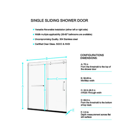 56-60"W x 75"H Semi-Frame Single Sliding Shower Door, 304 Stainless Steel in Matte Black, 5/16" (8mm) Thick SGCC Tempered Clear Glass. image 2