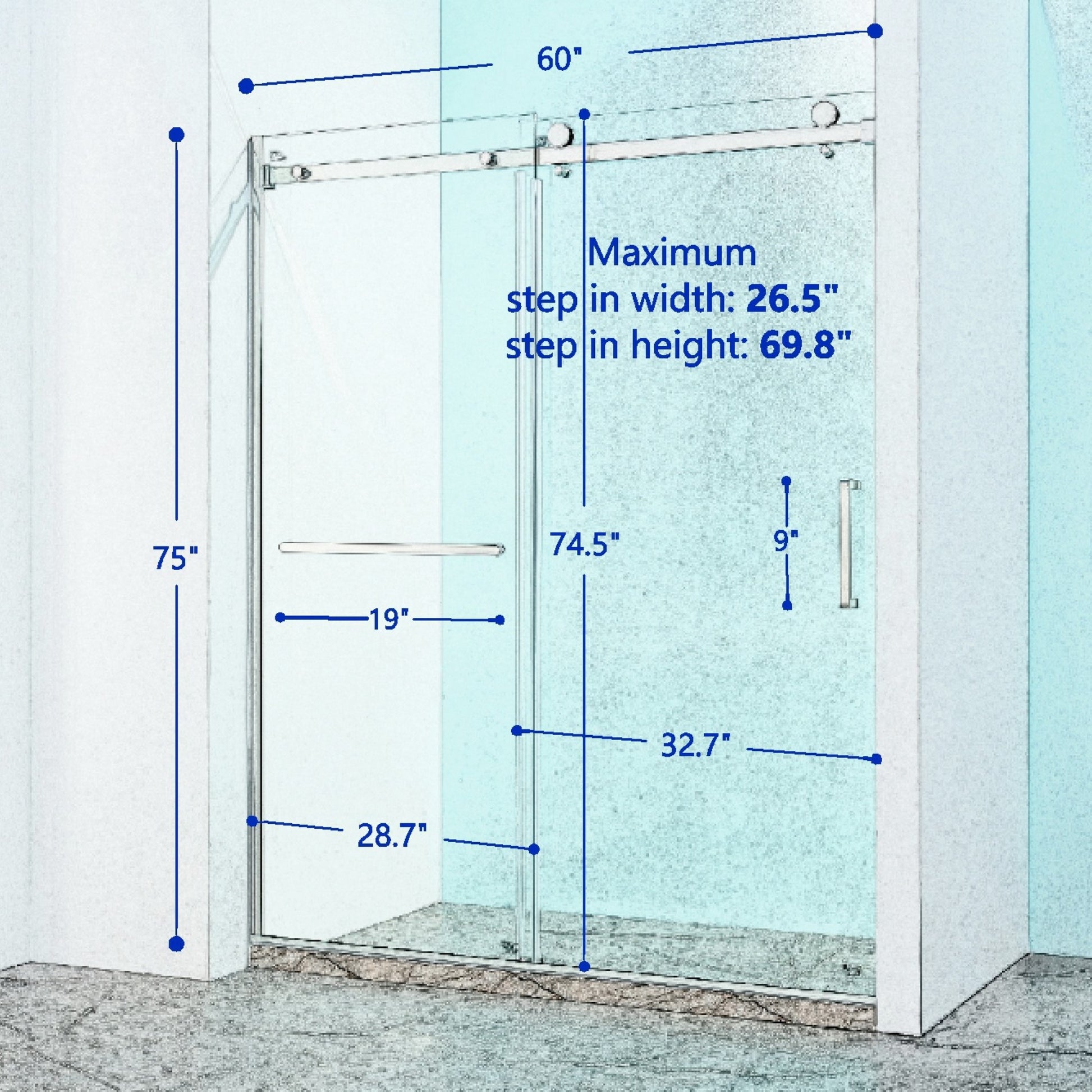 56-60"W x 75"H Semi-Frame Single Sliding Shower Door, 304 Stainless Steel in Matte Black, 5/16" (8mm) Thick SGCC Tempered Clear Glass. image 8