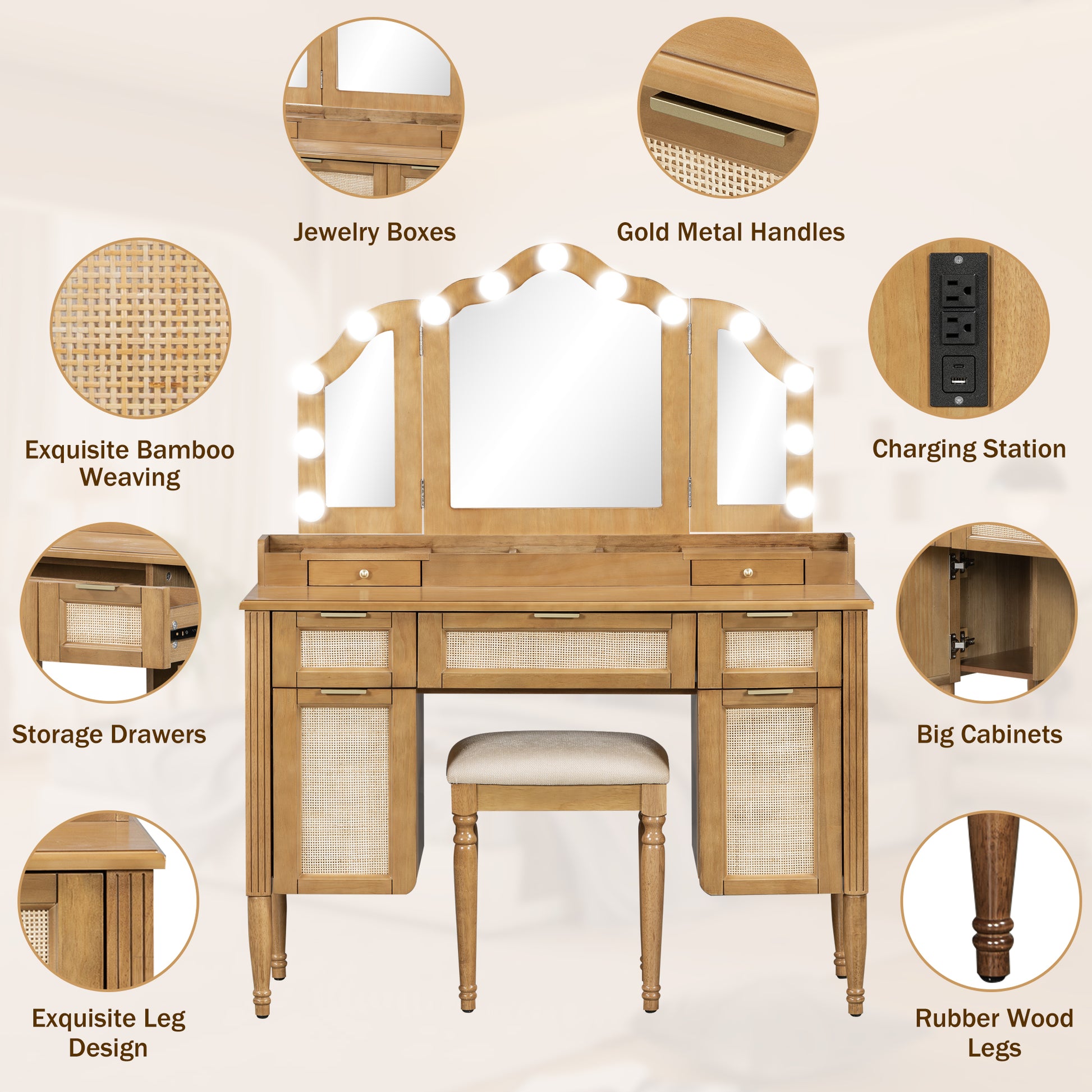 44.37" Makeup Vanity Desk with Stool Set, 13 Hollywood Bulbs & 3 Lighting Modes Dressing Table, Tri-Fold Mirror Large Vanity Table with Cushioned Stool, Charging Station, Ample Storage, Natural image 5