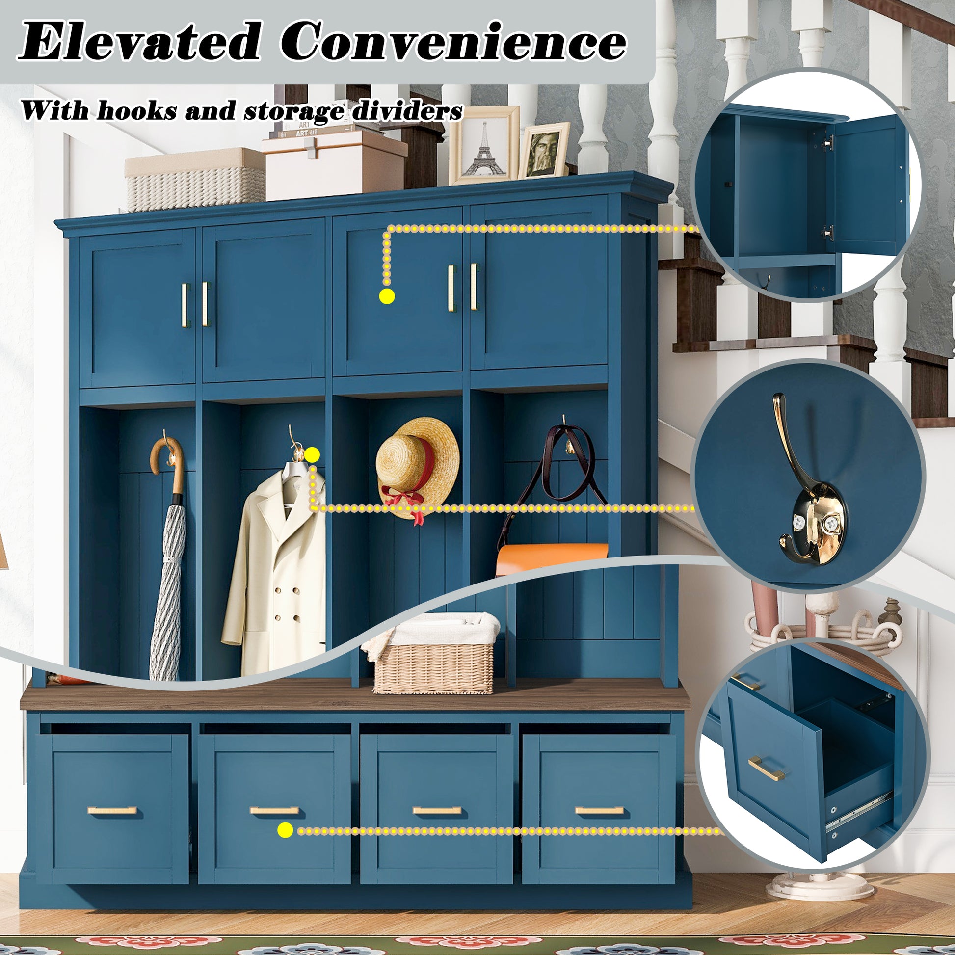 U-Can Farmhouse Entryway Hall Tree with Coat Hooks, Cabinets, and Drawers image 9