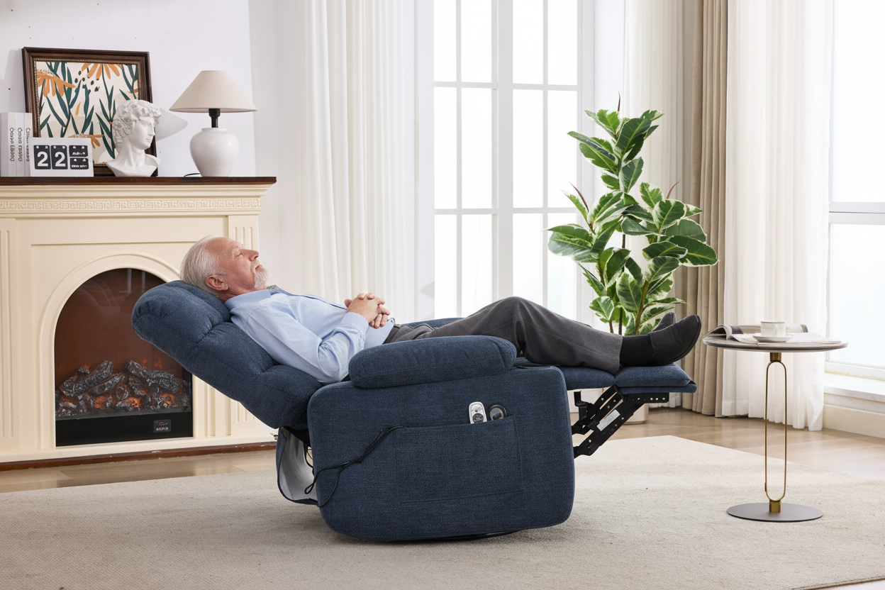 Heat Massage Electric Recliner Chair with Rocker and Swivel in Fabric for Living Room, Blue image 7