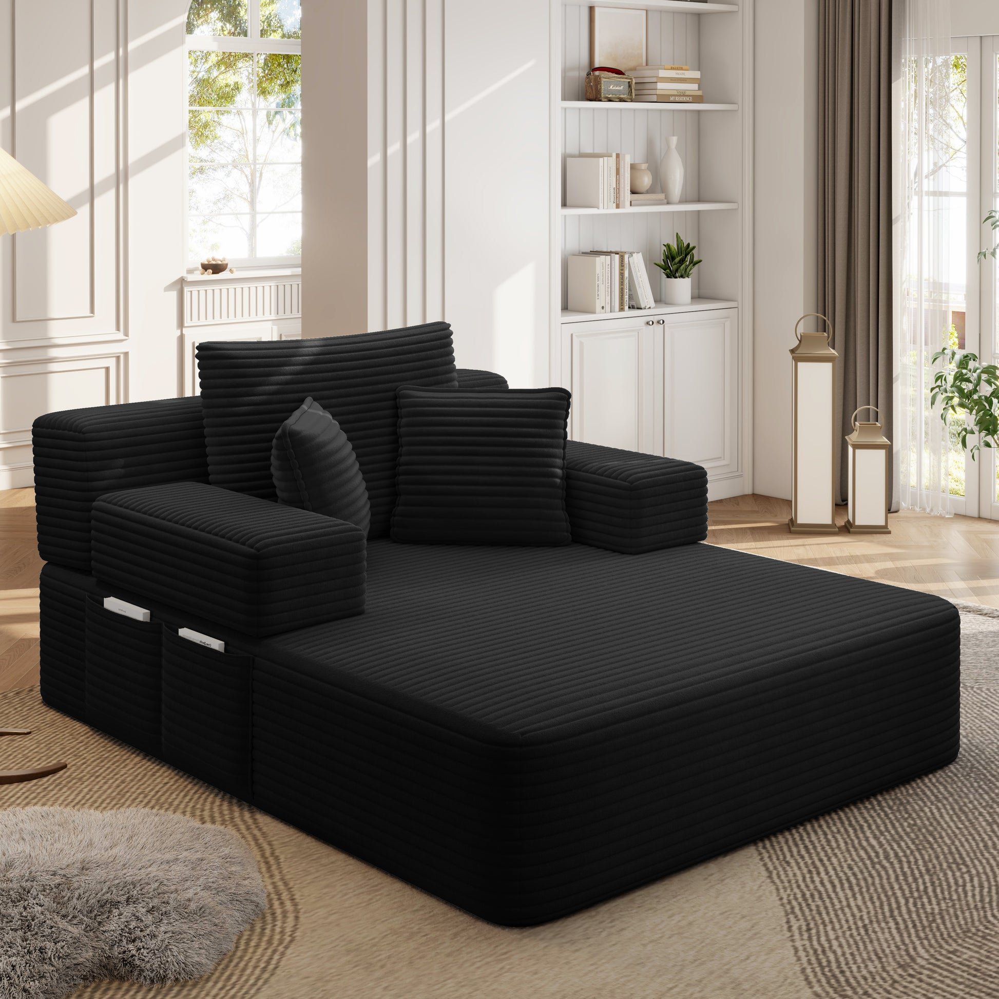 Luxurious Plush Corduroy Chaise Lounge with 3 Pillows, Convertible Sofa Bed with Storage Pocket, Frameless Design & Compression Foam for Small Spaces, Living Room, Apartment,Black image 4