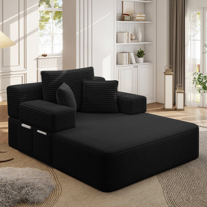 Luxurious Plush Corduroy Chaise Lounge with 3 Pillows, Convertible Sofa Bed with Storage Pocket, Frameless Design & Compression Foam for Small Spaces, Living Room, Apartment,Black image 4