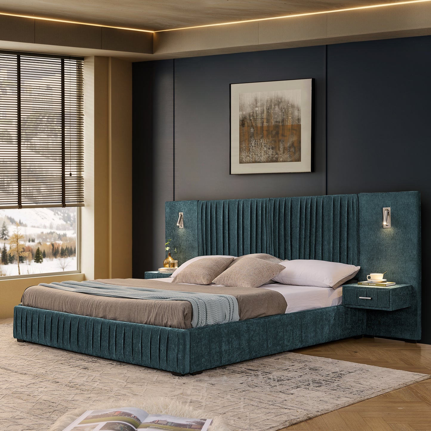 King Size Upholstered Bed Frame with Chenille fabric with pleated design,Grounded King Size Platform Bed with Headboard and Solid Frame and the bedside table.No Box Spring Needed-Blue-Green image 1