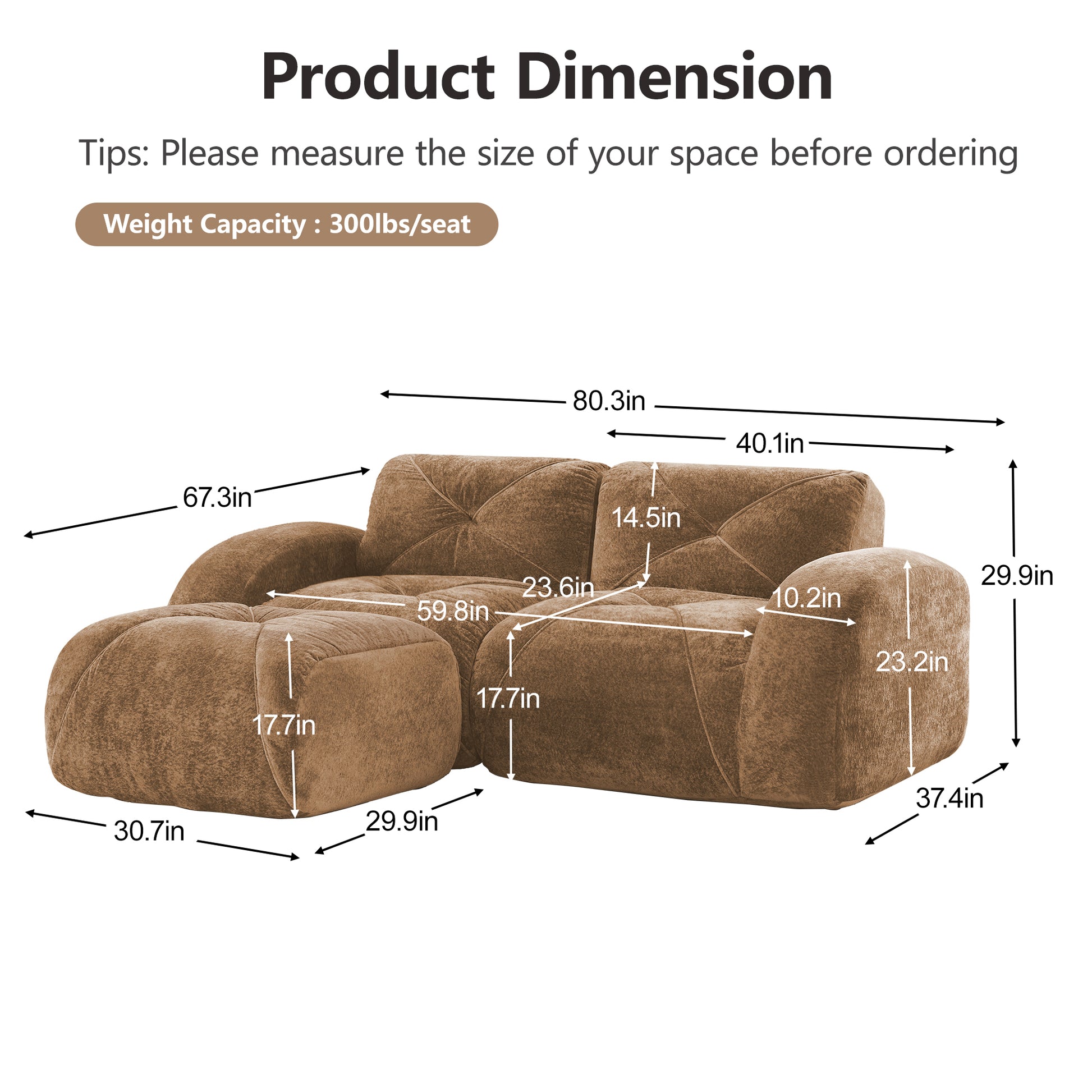 L-Shaped Boneless Sofa,Soft Velvet Fabric,Tufted Design,32D High Density Sponge,No Assembly Required,Ergonomic Design Bottom, Anti-Slip Design,Movable Ottoman for Bedrooms,Camel image 4