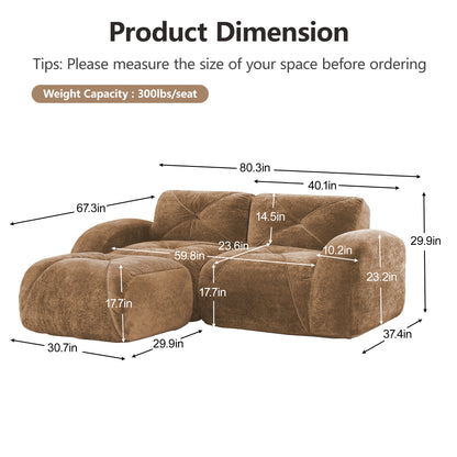 L-Shaped Boneless Sofa,Soft Velvet Fabric,Tufted Design,32D High Density Sponge,No Assembly Required,Ergonomic Design Bottom, Anti-Slip Design,Movable Ottoman for Bedrooms,Camel image 4