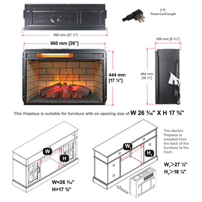 26 inch infrared quartz heater fireplace insert -woodlog version with brick image 2