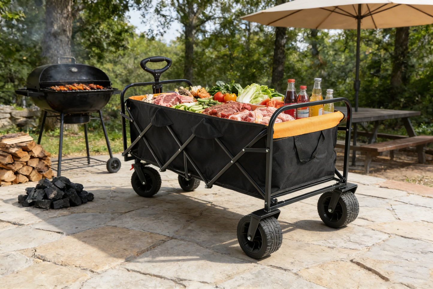 Big large capacity Folding cart Extra Long Extender Wagon Cart Folding Wagon Garden Shopping Beach Cart (black + orange) image 10