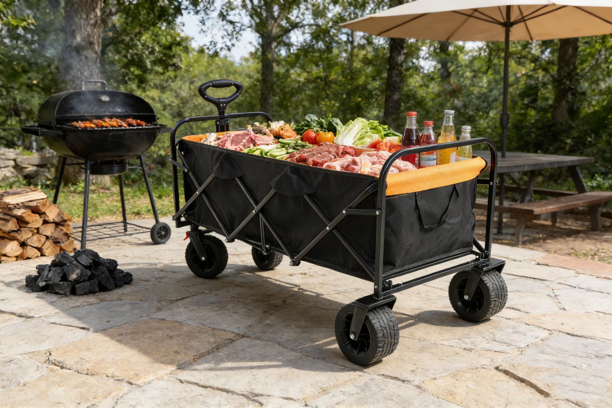 Big large capacity Folding cart Extra Long Extender Wagon Cart Folding Wagon Garden Shopping Beach Cart (black + orange) image 10