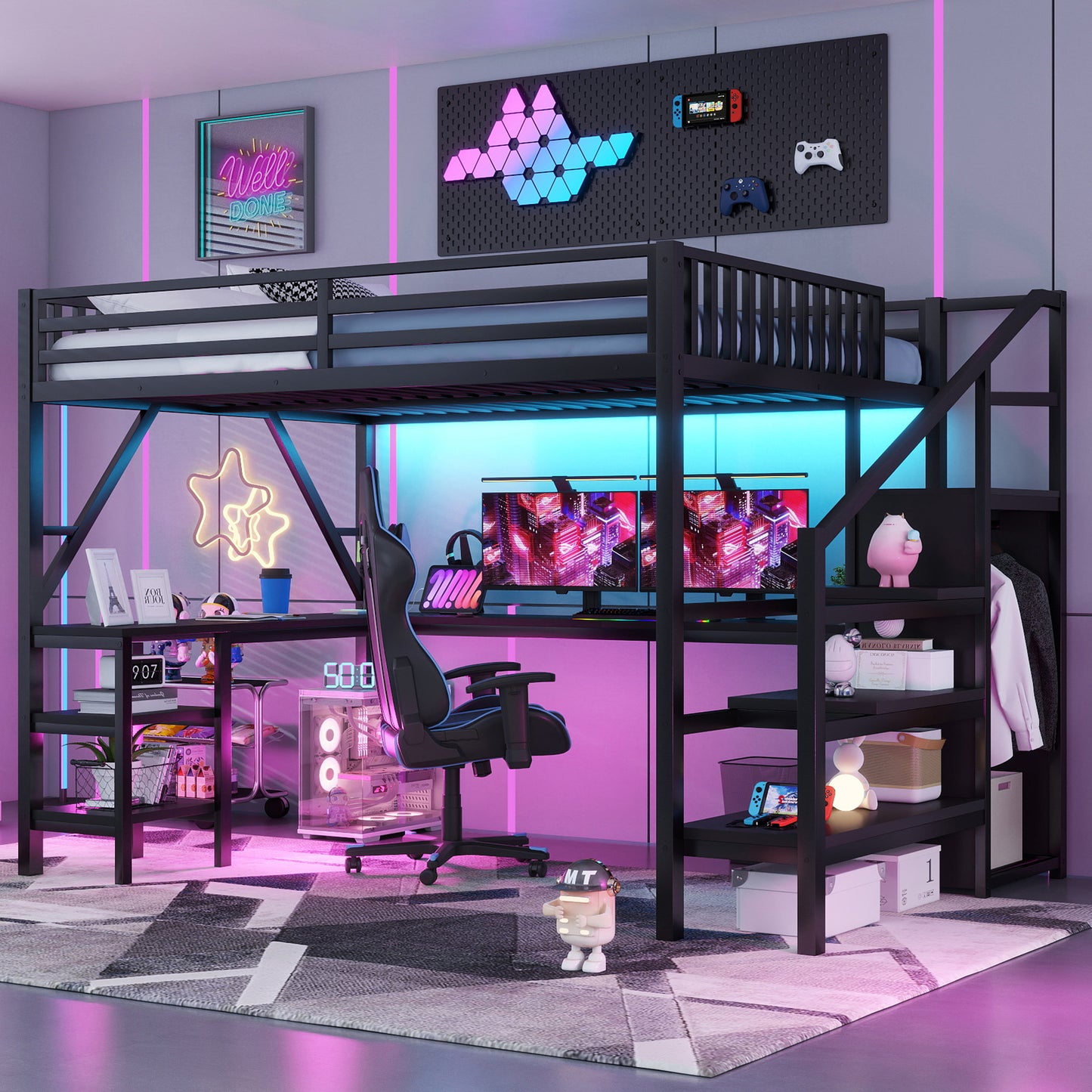 Metal Queen Loft Bed with Wardrobe and LED Light, Queen Size Loft Bed with L Shaped Desk and USB for Kids Teens Adults, Black(Old SKU W2593S00043,Expect Arrival Date 2026/3/7) image 1