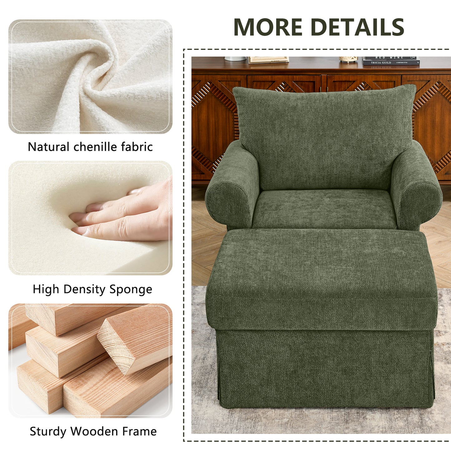 37.5" Accent Chair with Ottoman, Plush Chenille Upholstered Armchair, Stylish Single Sofa Chair for Living Room, Bedroom, Apartment image 8