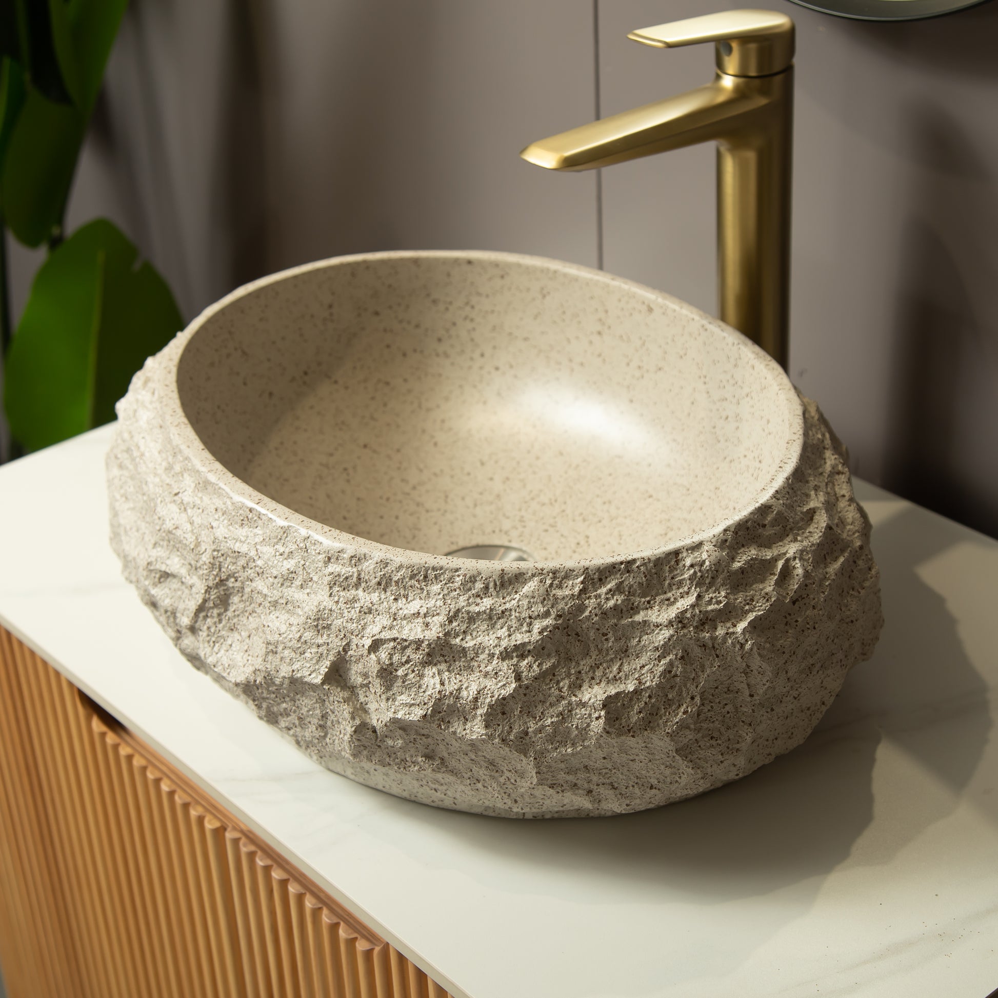 Luna 18'' Bathroom Sink, Irregular Oval Resin Vessel Basin with Stone Pattern, Artistic Style Sink, NO Faucet, Beige Color image 2