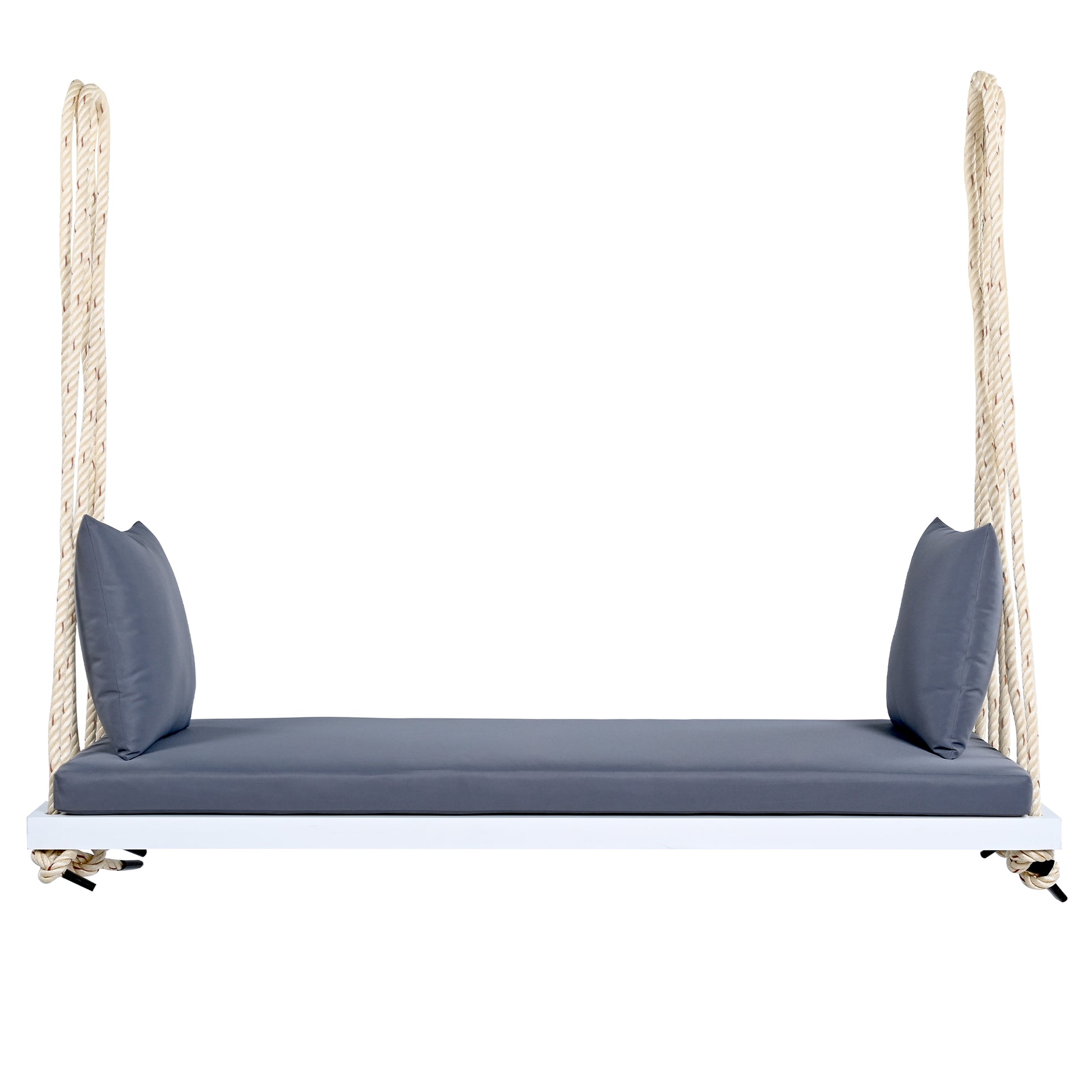 TOPMAX Patio Wooden Swing Chair, Hanging Porch Swing Bench with Cushion&Pillows, 10.8Ft Hemp Ropes for Garden,Backyard, Lawn,White image 11
