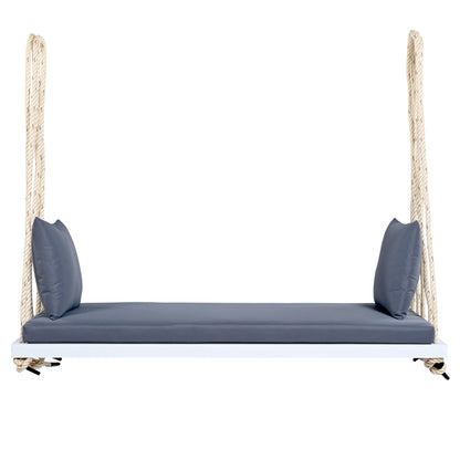 TOPMAX Patio Wooden Swing Chair, Hanging Porch Swing Bench with Cushion&Pillows, 10.8Ft Hemp Ropes for Garden,Backyard, Lawn,White image 11