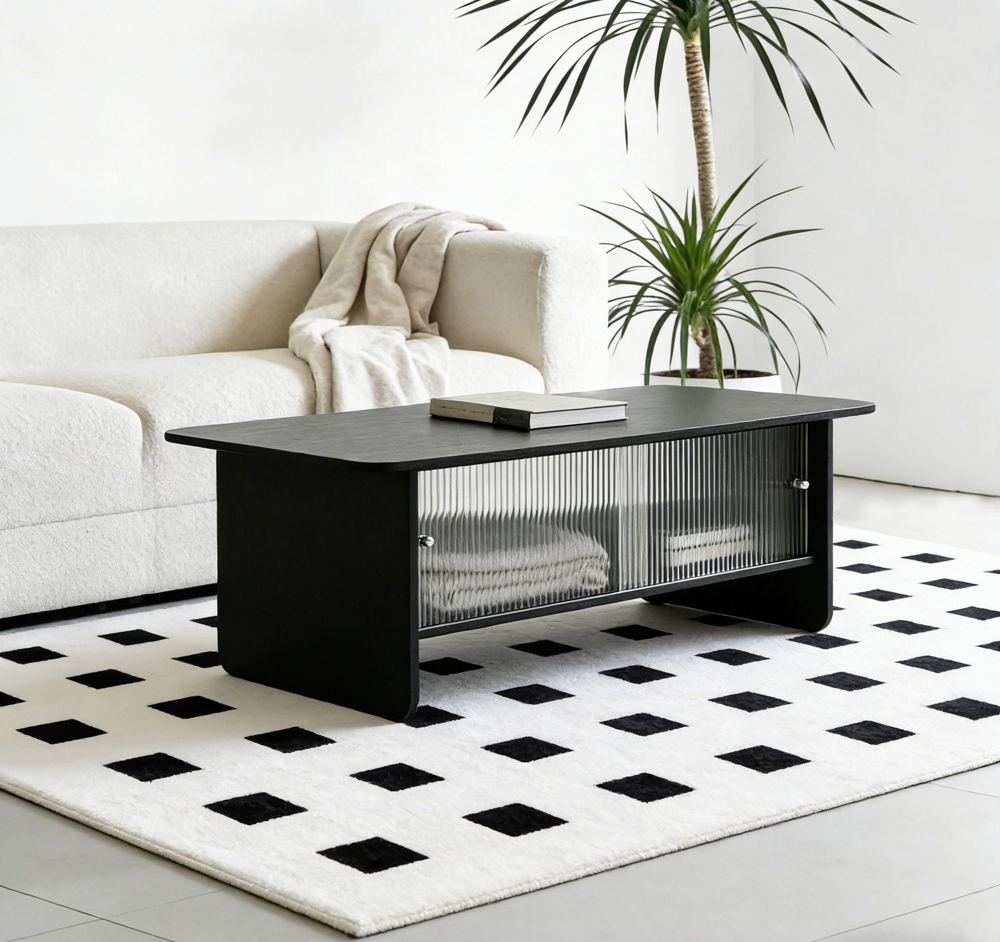 47" Coffee Table With Storage, Rectangular Modern Minimalist Center Table, Fluted Glass Sliding Doors For Living Room Bedroom Guest Room, Black. image 7