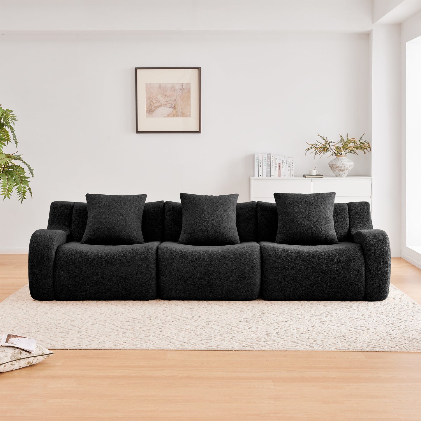 Boneless Sofa,3 Seat High-Quality Teddy Fabric,Anti-Slip Design,No Assembly Curved Armrests Streamlined,32D High Density Sponge For Living Rooms Bedrooms Reading Nook,Black image 3
