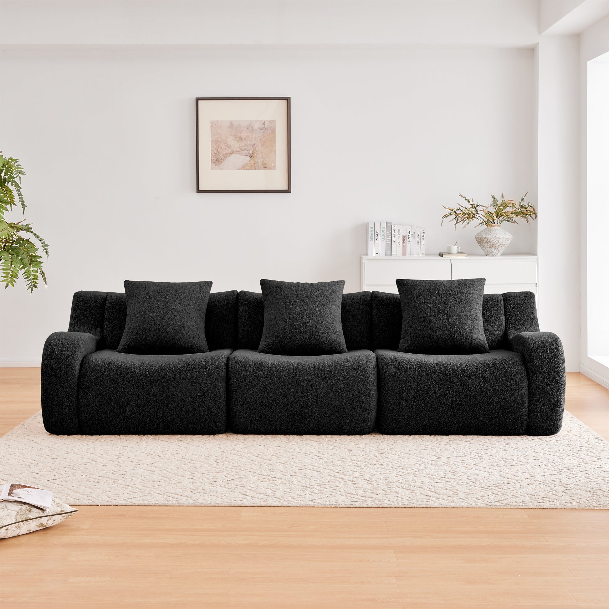 Boneless Sofa,3 Seat High-Quality Teddy Fabric,Anti-Slip Design,No Assembly Curved Armrests Streamlined,32D High Density Sponge For Living Rooms Bedrooms Reading Nook,Black image 3