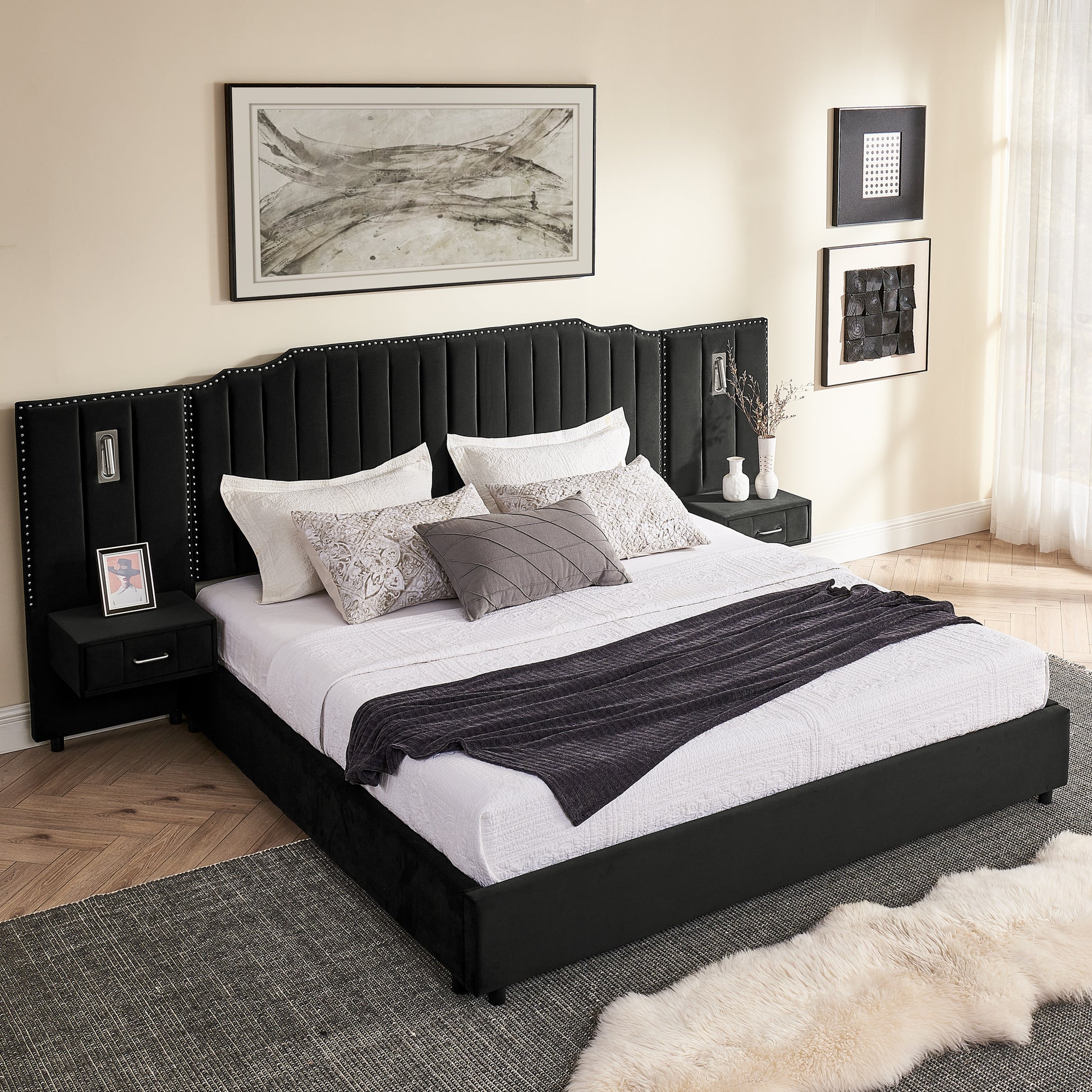 King Size Upholstered Bed Frame with Velvet Fabric, Vertical Stripe Design with Buttons Around King Size Platform Bed with Headboard, Solid Frame & Bedside Table - No Box Spring Needed-Black image 4