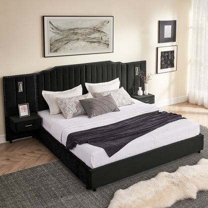 King Size Upholstered Bed Frame with Velvet Fabric, Vertical Stripe Design with Buttons Around King Size Platform Bed with Headboard, Solid Frame & Bedside Table - No Box Spring Needed-Black image 4