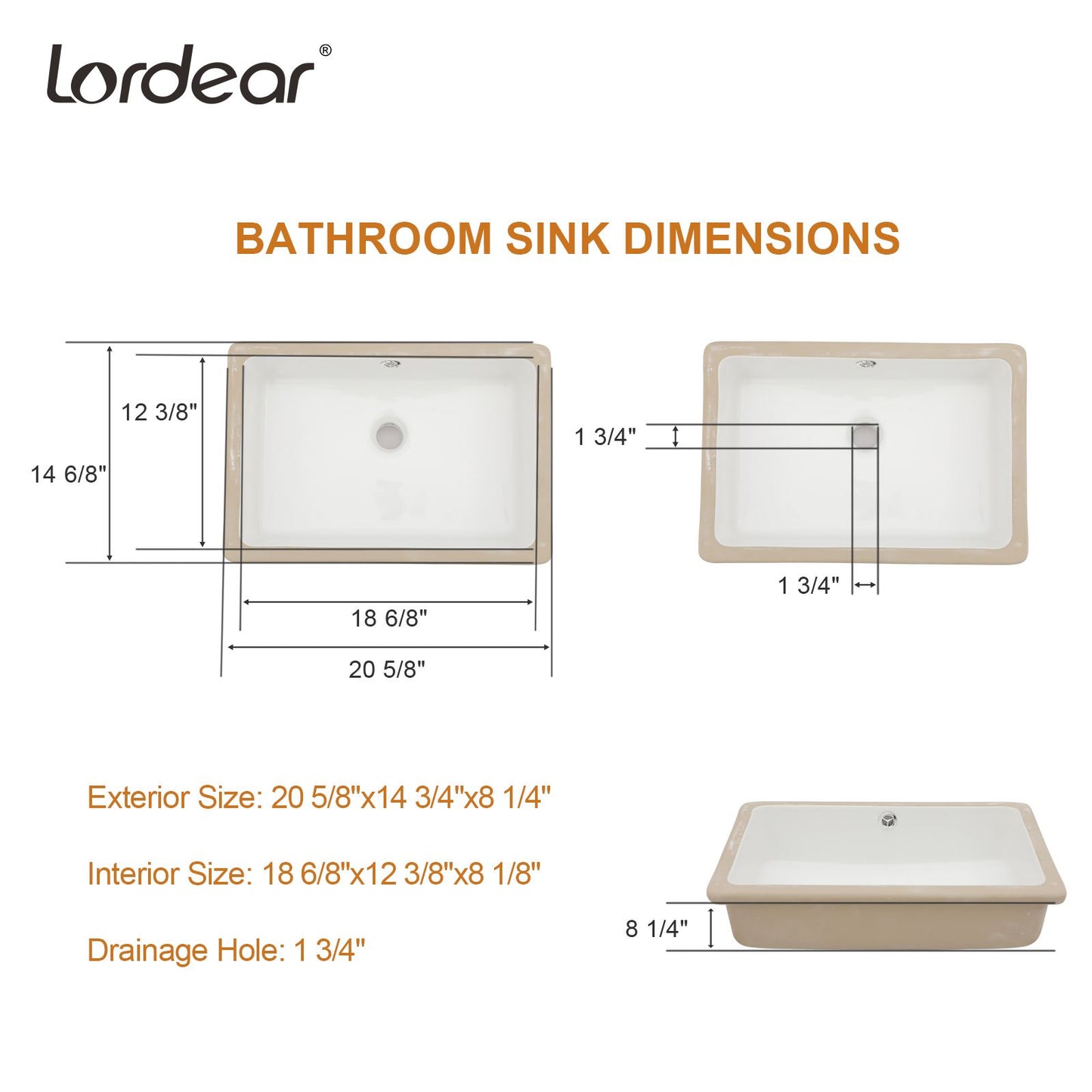 20.63-inch Undermount White Single Bowl Rectangular Vanity Ceramic Bathroom Sink Lavatory Wash Hand Basin with Over Flow image 9