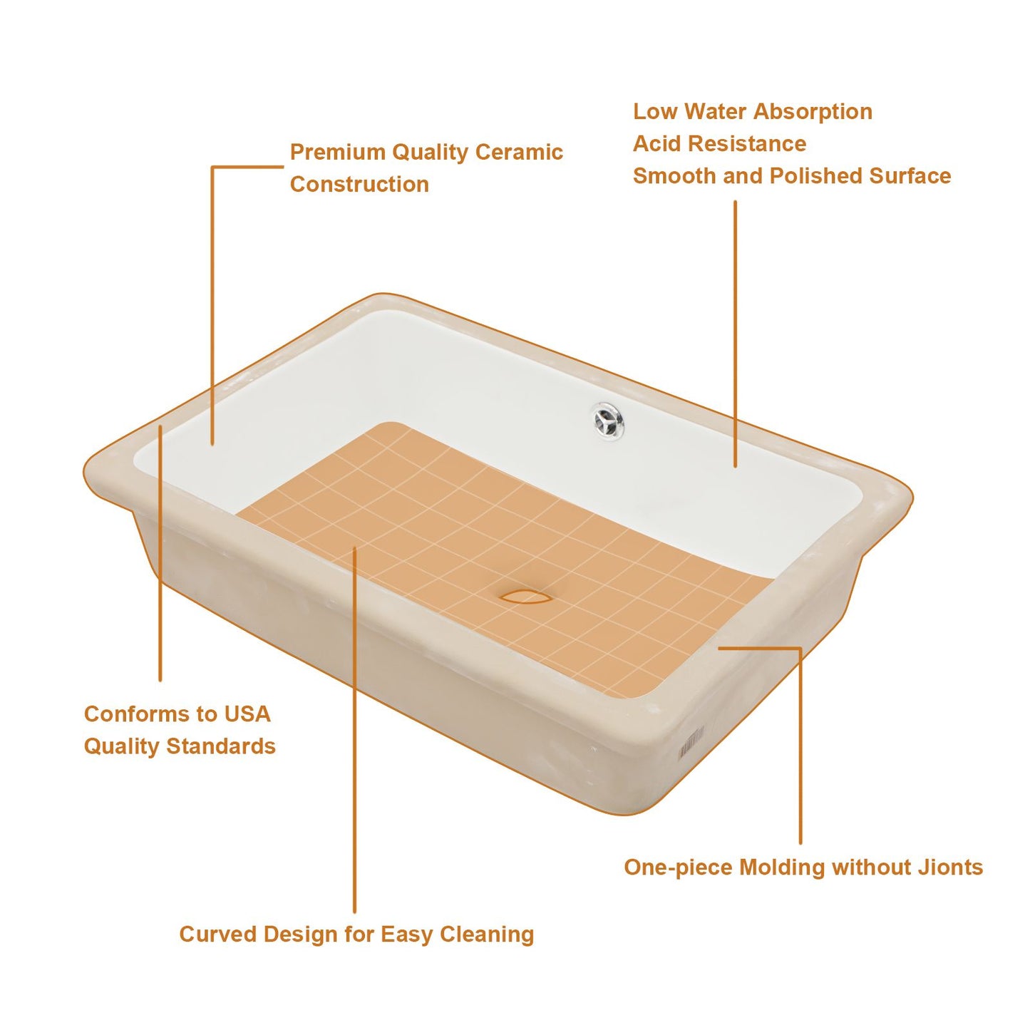 20.63-inch Undermount White Single Bowl Rectangular Vanity Ceramic Bathroom Sink Lavatory Wash Hand Basin with Over Flow image 6