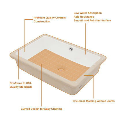 20.63-inch Undermount White Single Bowl Rectangular Vanity Ceramic Bathroom Sink Lavatory Wash Hand Basin with Over Flow image 6