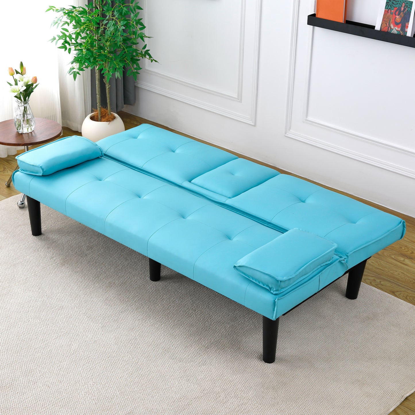The 67-inch blue PVC multi-functional sofa bed, with a foldable and cup holder design, makes it extremely convenient to turn the living room into a guest room image 7