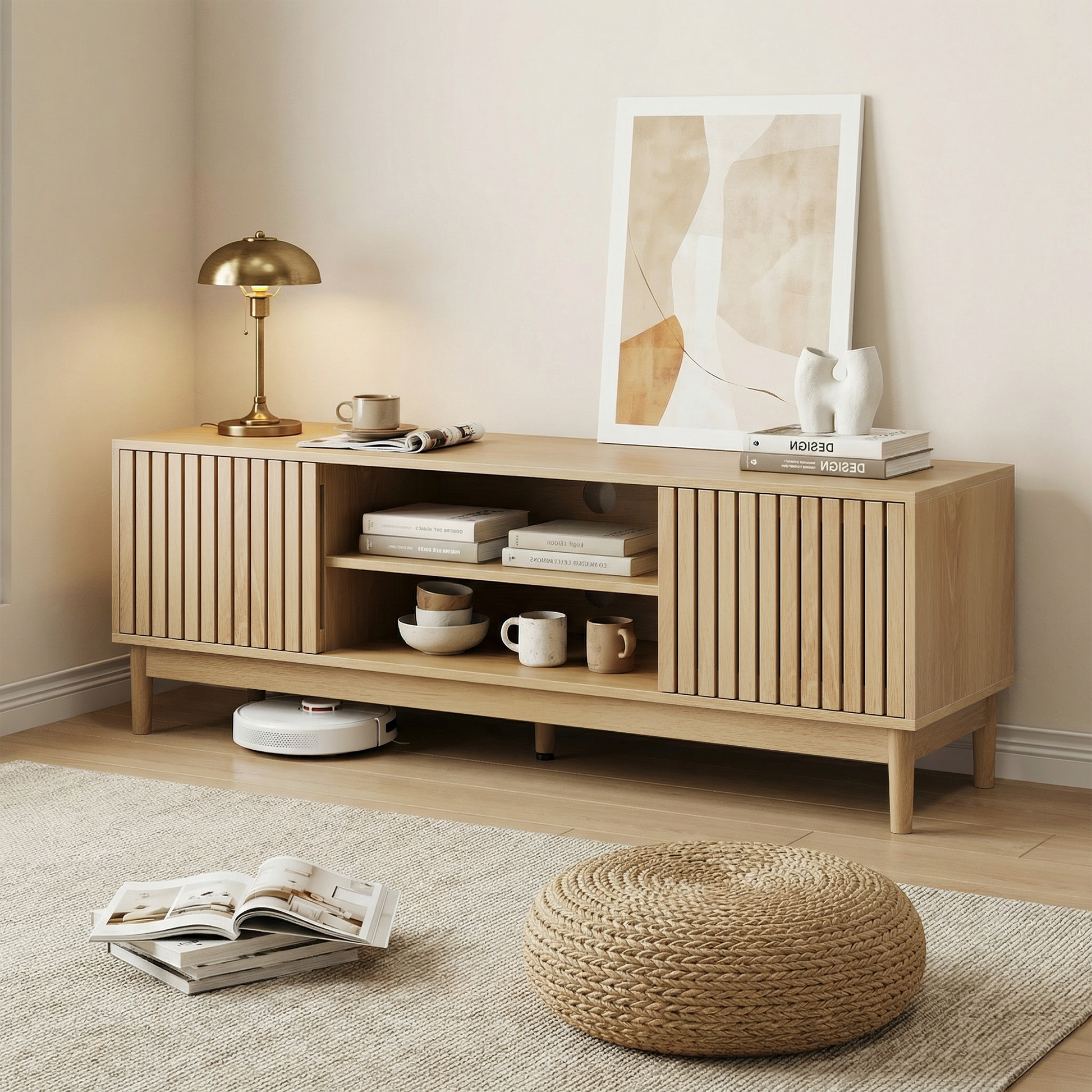 55-inch TV stand, mid-century modern style TV stand (suitable for 55/65-inch TVs), entertainment center with storage, media console for living room and bedroom, oak color image 6