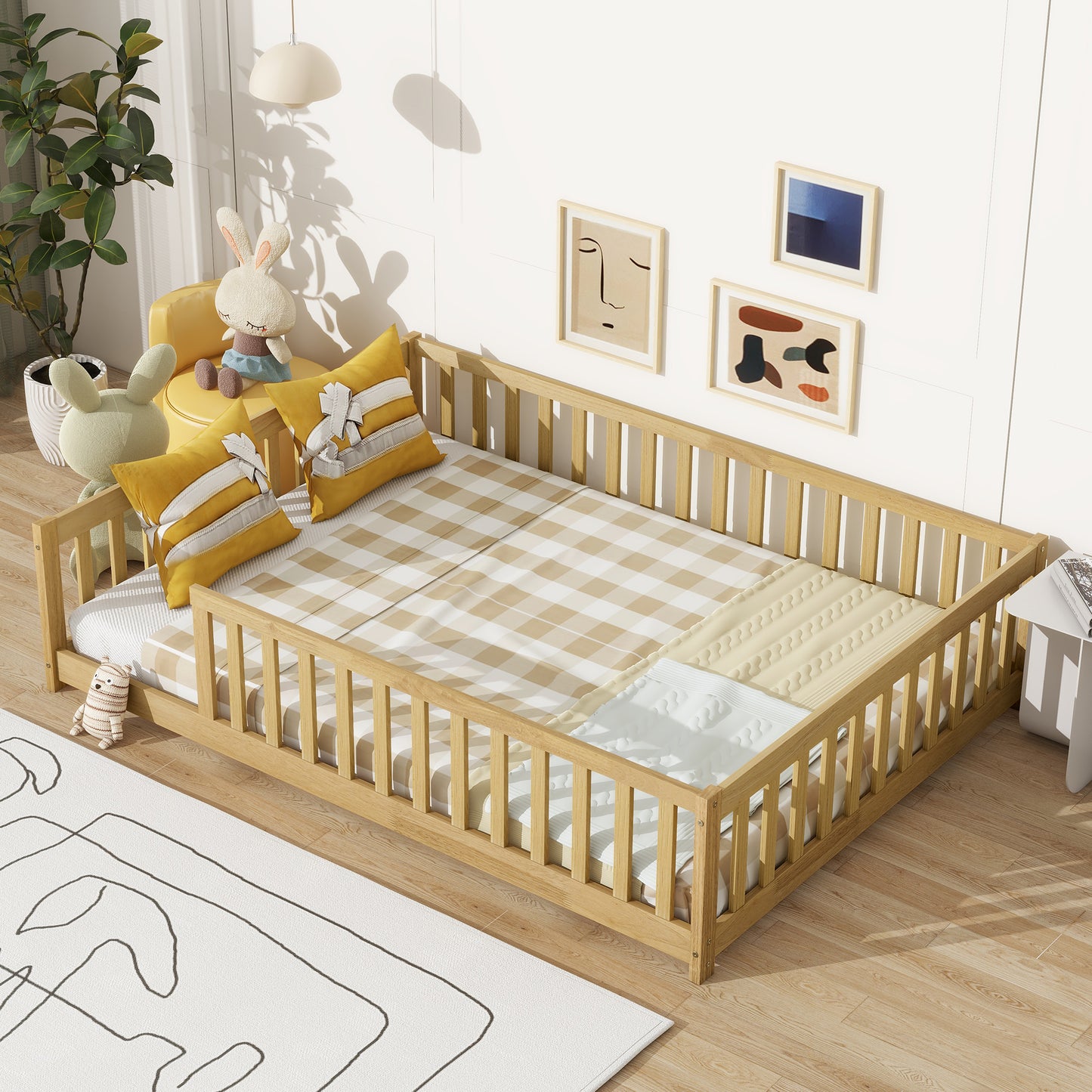Full Size Floor Bed with Fence without Door,Rubber Wood Floor Bed with Safety Guardrails,Natural image 11