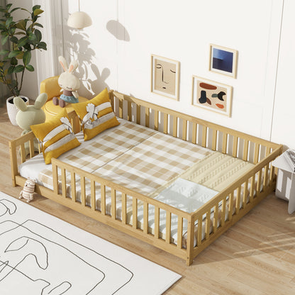 Full Size Floor Bed with Fence without Door,Rubber Wood Floor Bed with Safety Guardrails,Natural image 11