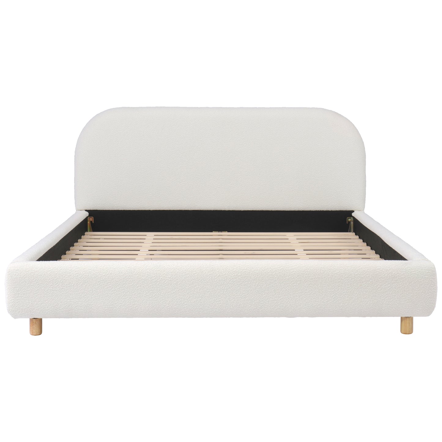 Queen Size Upholstered Bed With Boucle Fabric,Curved-Shape Design Thick Headboard, Solid Wood Legs,White image 7