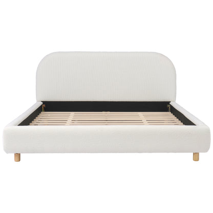 Queen Size Upholstered Bed With Boucle Fabric,Curved-Shape Design Thick Headboard, Solid Wood Legs,White image 7