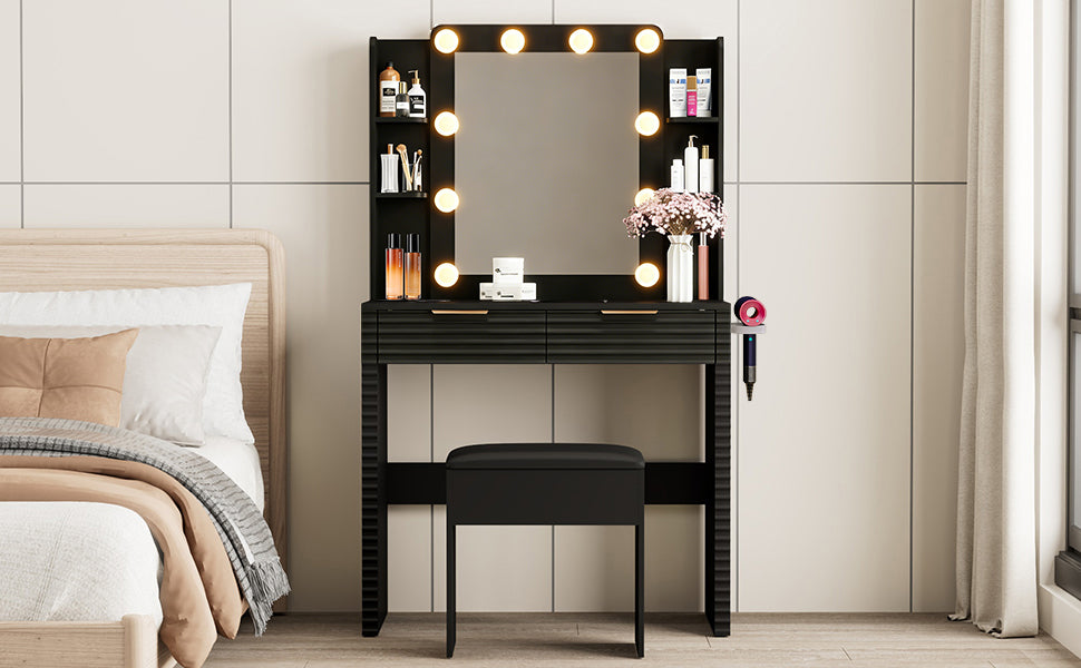 Makeup Vanity Desk with 10 Hollywood Bulbs, Fluted Dressing Table with Charging Station, 2 Drawers and 4 Open Shelves, Hairdryer Holder, Padded Stool with Storage, Black image 11