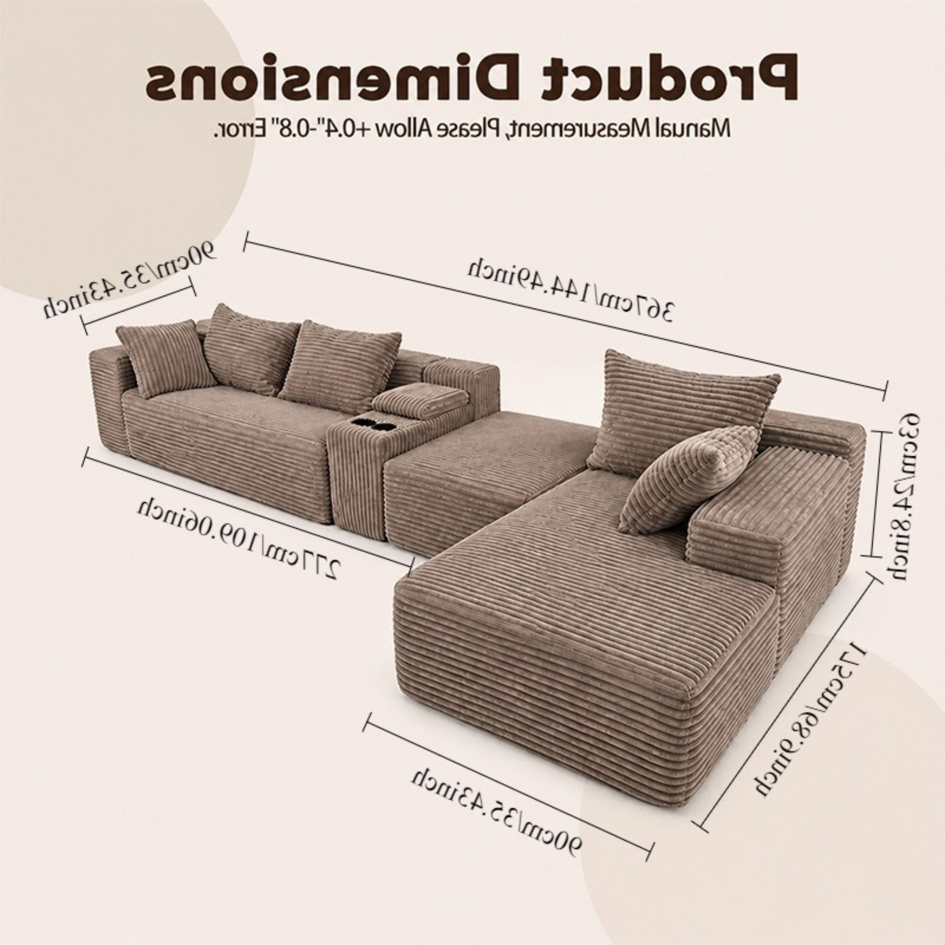 Advanced Corduroy U-shaped Modular Segmented Sofa, Large Sitting Depth Convertible Form, with Cup Holder and Storage Space, Modern Nordic Comfortable L-shaped Sofa Bed, Suitable for Large Living Rooms image 12