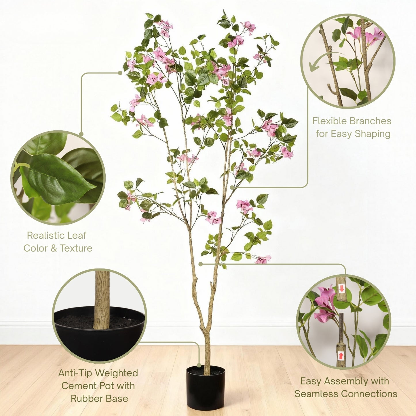 6FT Artificial Bougainvillea Tree with Black Plastic Pot, Realistic Fake Flowering Tree for Indoor Home Office Decor, Potted Faux Plant, 1pc/set image 8