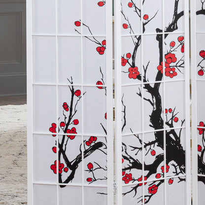 Elandra 4-Panel Room Divider, Light-Filtering Non-Woven Fabric Panels, Plum Blossom Print, Foldable Freestanding Privacy Screen, White image 3