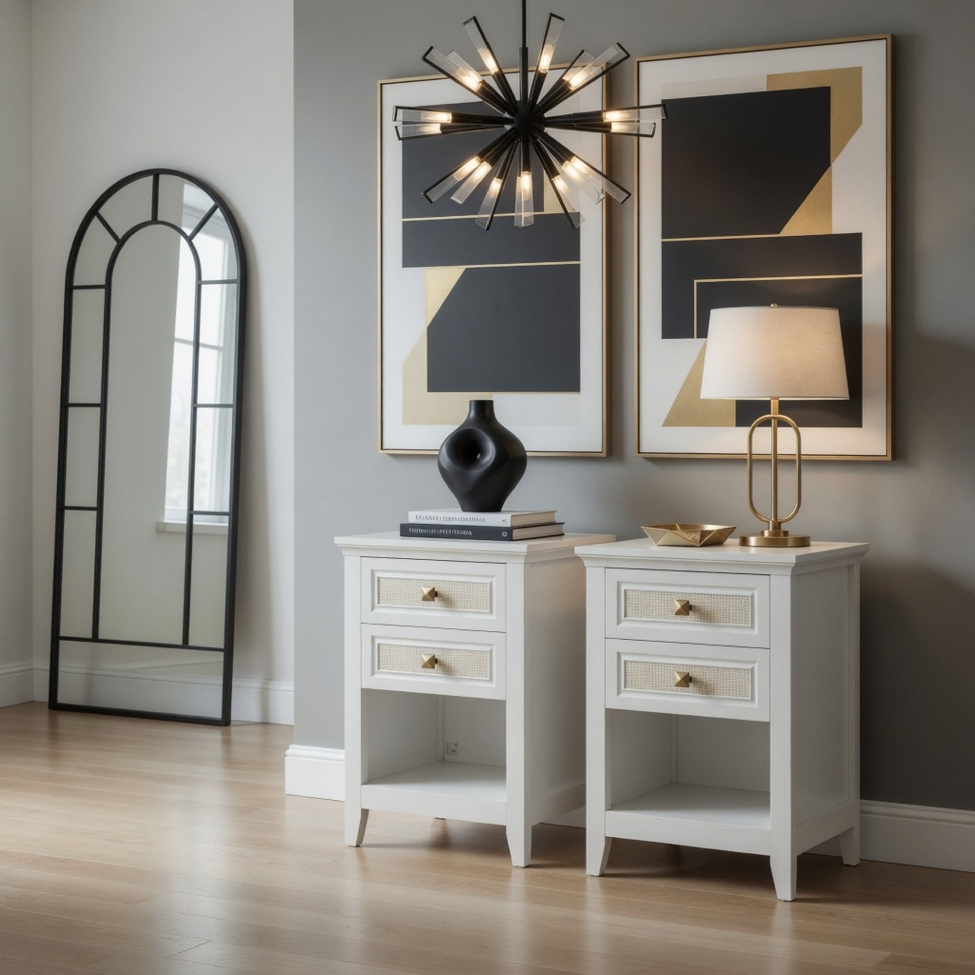 Set of 2 - 17.7" Wide White Rattan Nightstand w/ 2 Drawers - Boho 27" Tall Bedside Table for Small Spaces & Bedroom image 1