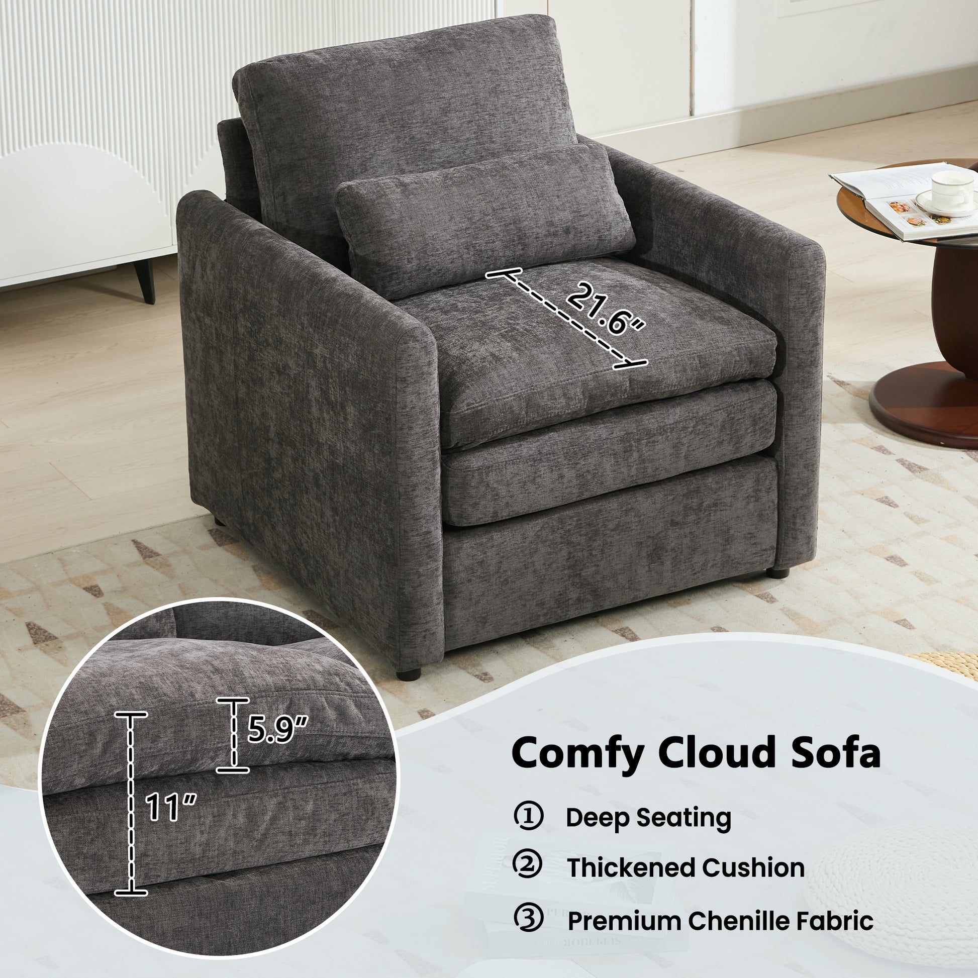 31.9" Cozy Upholstered Armchair Oversized Comfy Cloud Sofa Double Cushion Single Sofa Plush Cushion Armchair for Living Room, Grey image 12