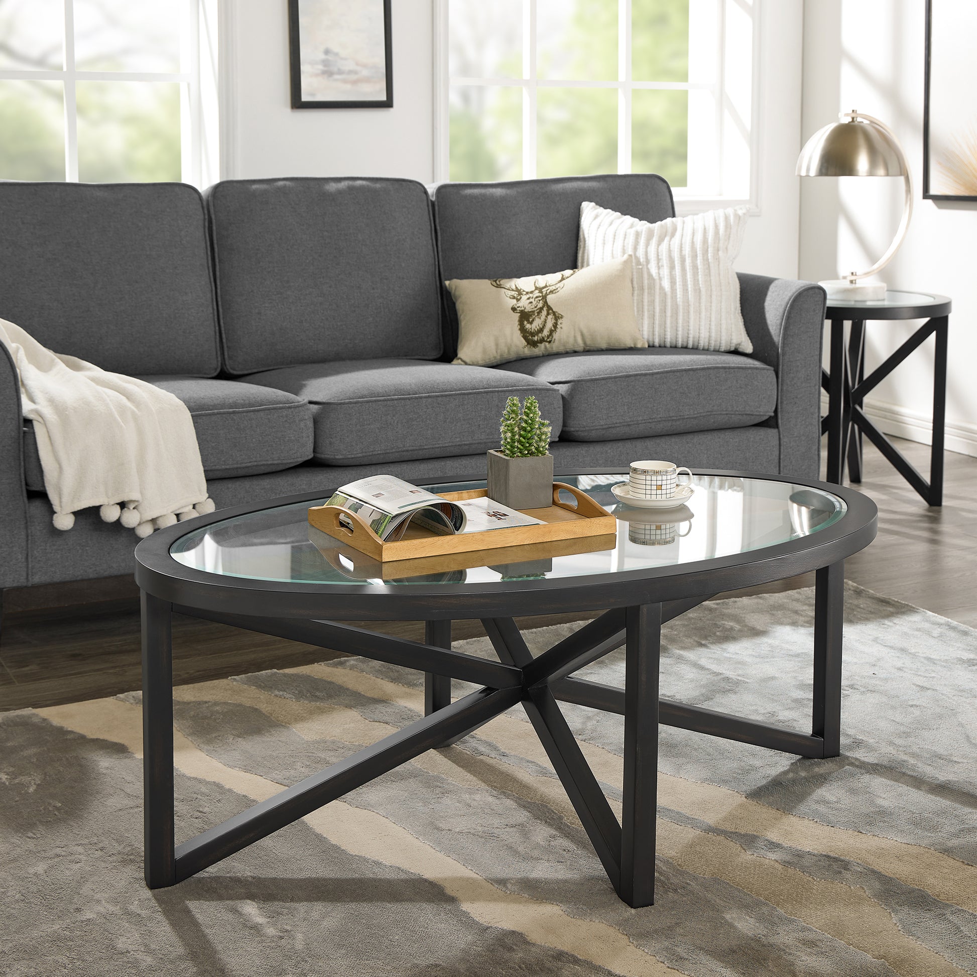 Modern simple glass coffee table, tempered glass coffee table solid wood base round transparent glass top modern living room terrace study coffee table image 2
