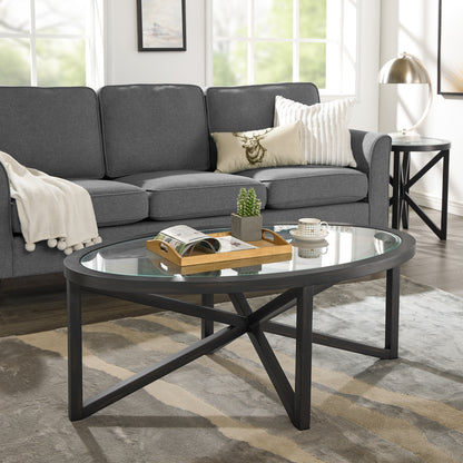 Modern simple glass coffee table, tempered glass coffee table solid wood base round transparent glass top modern living room terrace study coffee table image 2