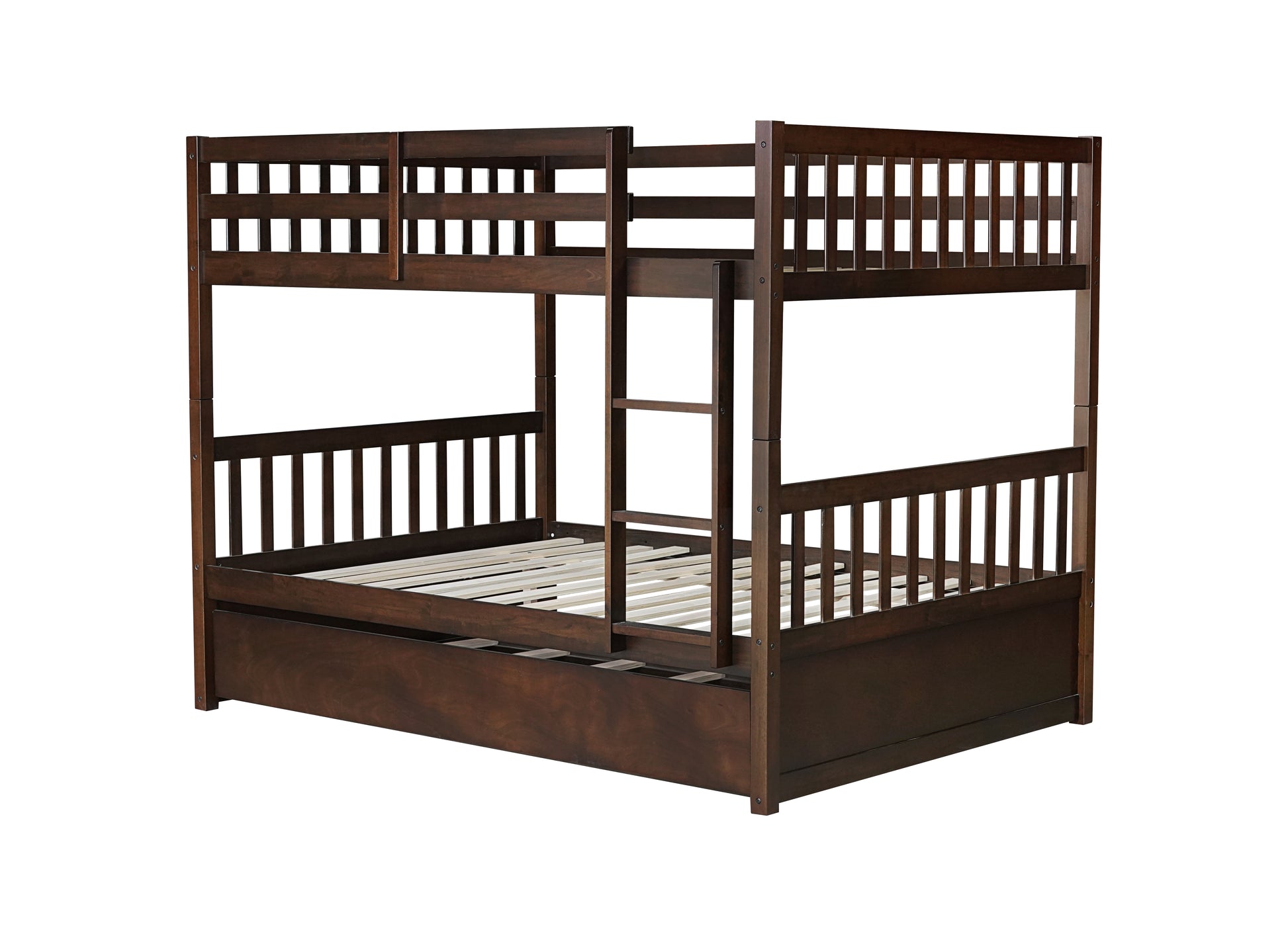 Full Over Full Rubber Wood Bunk Bed with Trundle, Ladder and Guardrails, Convertible to 2 Full Size Beds, with Twin Size Trundle,Espresso image 6
