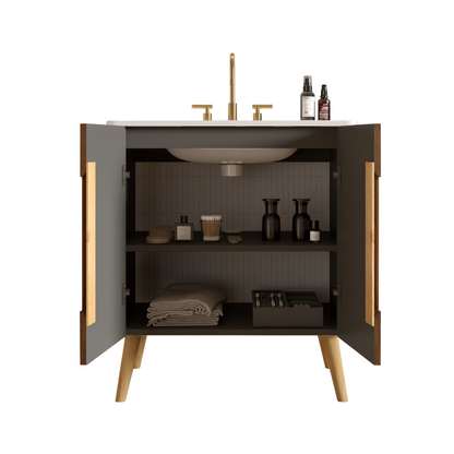 Etna 30"F Striped Walnut Bathroom Vanity with Carrara White Sink, Freestanding & Wall Mounted Bathroom Cabinet Options for Modern Bathrooms, KD image 6