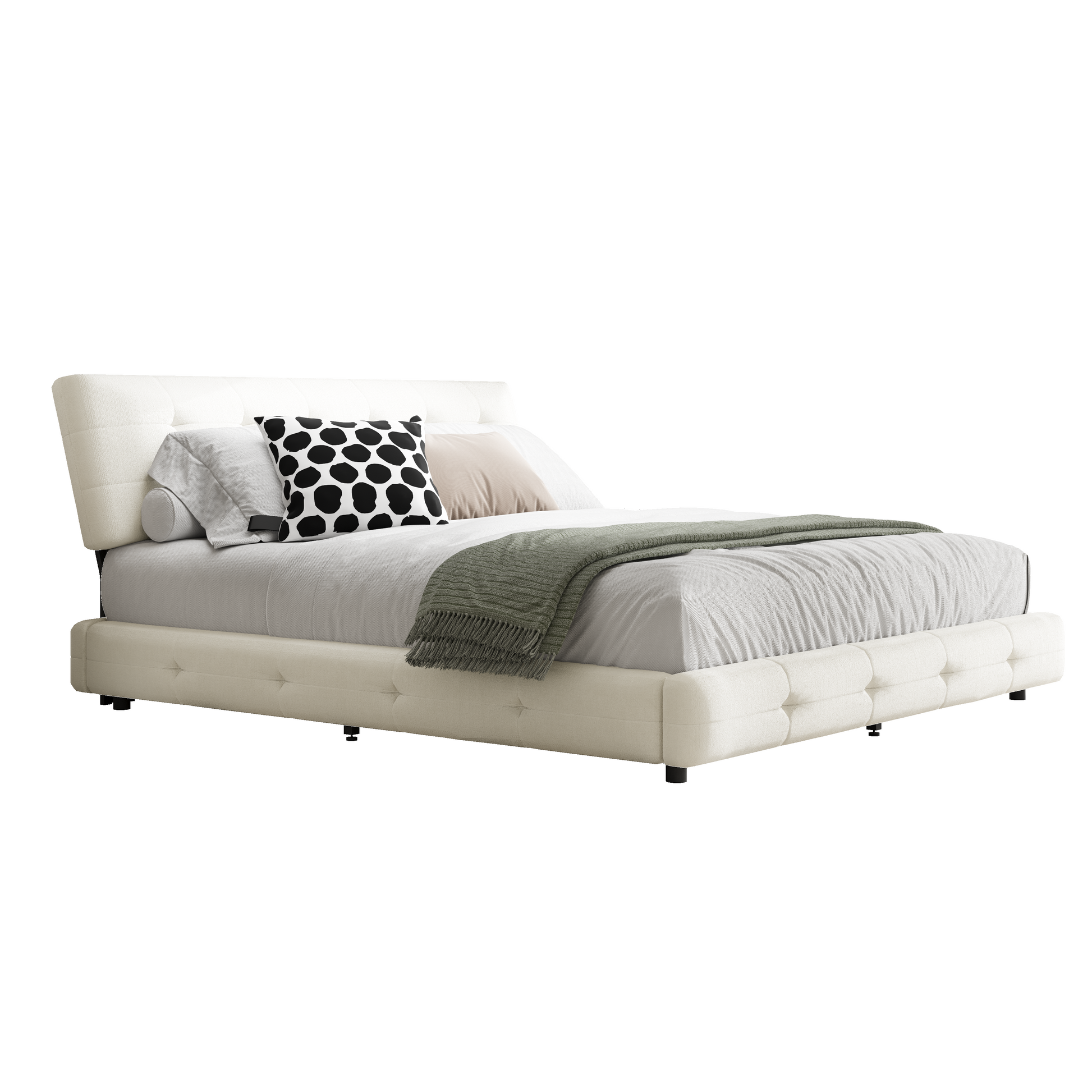 King Size Bed Frame,Tufted Headboard with Extra-Large Ultra-Soft Cloud Pillow Design,Chenille Platform Bed with Metal and Wooden Slats Double Support,Solid and Stable,Noise-Free,Beige/White image 11